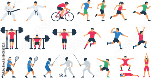 Diverse group of people engaged in various sports and fitness activities exercise