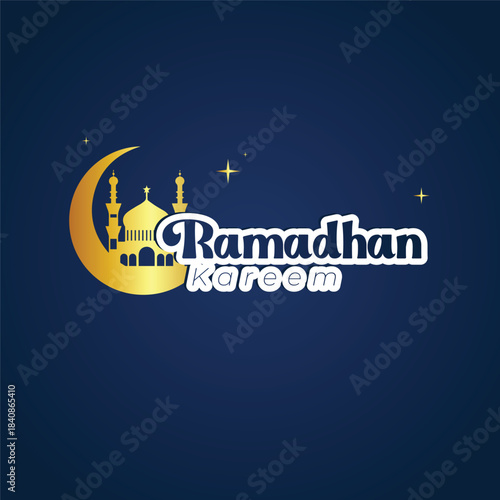 A simple design Ramadan Kareem English calligraphy lettering greeting text banner on gradient background.