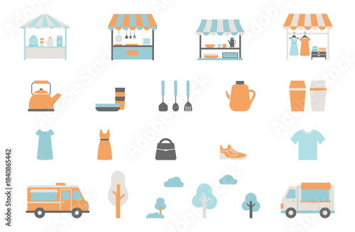 フリーマーケットとフードトラックのモダンでレトロなフラットアイコンセット