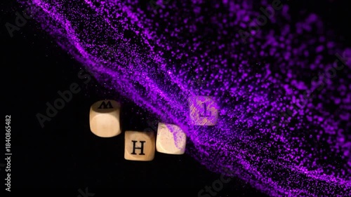 Purple particle stream sweeping across frame striking wooden letter cubes, aligning them into WHAT