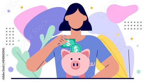 Modern Flat Illustration of a Woman Saving Money with a Piggy Bank
