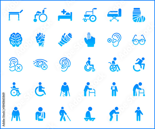 Set of Disability People Pictograms Flat Icons. Contains such Icons as Disabled health care, medical tools, equipment stick figure, crutches, wheelchair, cane, electric wheelchair, power scooter