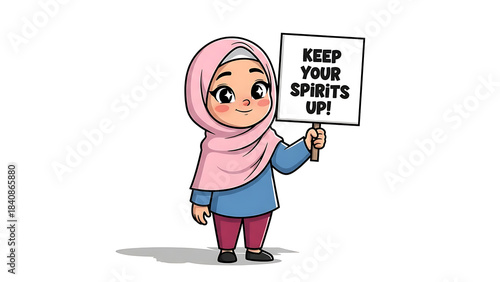 Cute cartoon Muslim girl in hijab holding a sign that says 'KEEP YOUR SPIRITS UP!' with an encouraging smile.