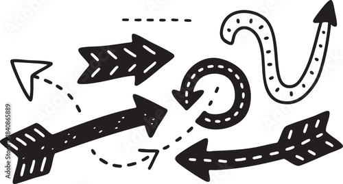Grunge Hand-Drawn Arrow & Loop Set: Bold Black Brush Stroke Directional Design Elements