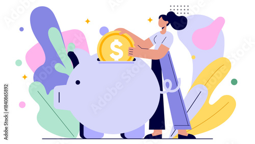 Modern Flat Illustration of a Woman Saving Money with a Piggy Bank