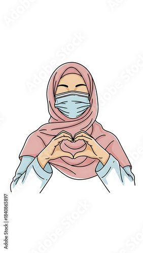 A Muslim woman wearing a hijab and a face mask forms a heart shape with her hands.