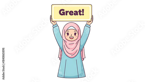 A smiling young Muslim woman wearing a pink hijab holds up a yellow sign that says 