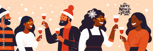 Happy New Year celebration illustration with diverse friends toasting with glasses, smiling, wearing festive outfits and accessories on a warm pastel background with sparkles. 2026