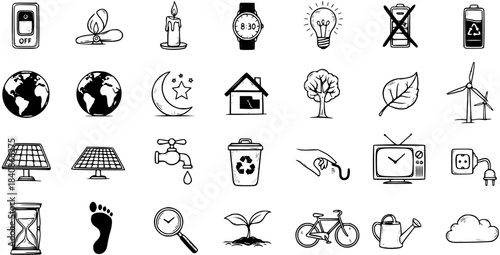 Doodle Icons for Ecology, Energy Saving, and Environmental Protection - Clean, Eco-Friendly Symbols