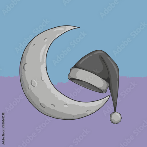 A charming cartoon illustration features a serene crescent moon adorned with a cozy dark grey sleeping cap, evoking peaceful dreams and nighttime tranquility.