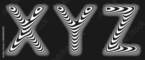 Set of stylized alphabet with smooth reflective lines creates illusion of perfectly polished surface. Letters shaped by soft continuous lines follow the gentle curvature like liquid reflection. Vector