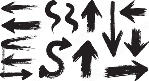 Grunge Hand-Drawn Arrow Set: Bold Black Brush Stroke Directional Doodle Design Elements