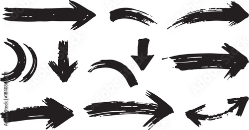 Grunge Hand-Drawn Arrow Set: Bold Black Brush Stroke Directional Doodle Design Elements