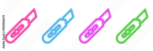 Neon glowing utility knife vector icons set, box cutter, stationery, art craft tool, sharp blade, glowing office supplies, vibrant colorful digital design illustration on transparent background.