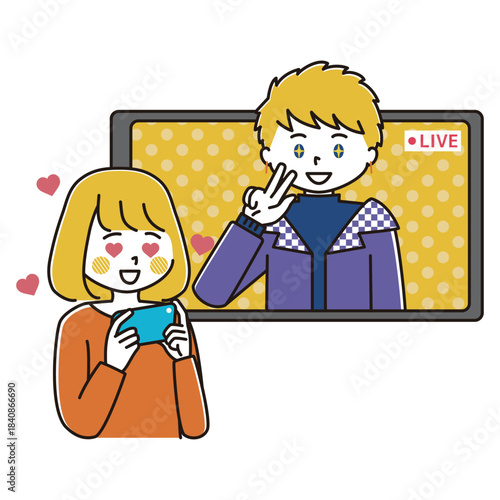 ライブ配信をする男性アイドルを推す女性のイラスト　ガチ恋