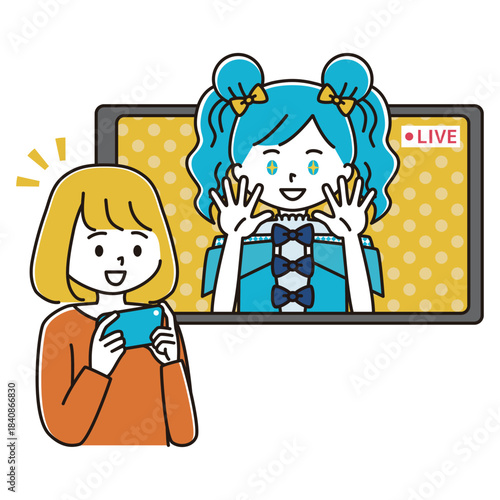 ライブ配信をする女性アイドルを推す女性のイラスト