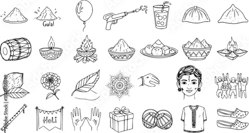 Holi Festival Doodle Icons - Traditional Indian Celebration Elements