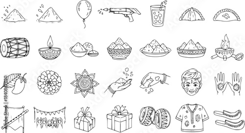 Holi Festival Doodle Icons Set - Hand-Drawn Black and White Symbols for Indian Spring Celebration