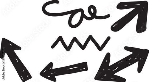 Grunge Hand-Drawn Arrow & Swirl Set: Bold Black Brush Stroke Directional Design Elements
