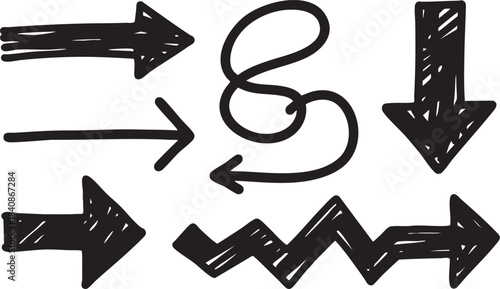 Grunge Hand-Drawn Arrow & Swirl Set: Bold Black Brush Stroke Directional Design Elements