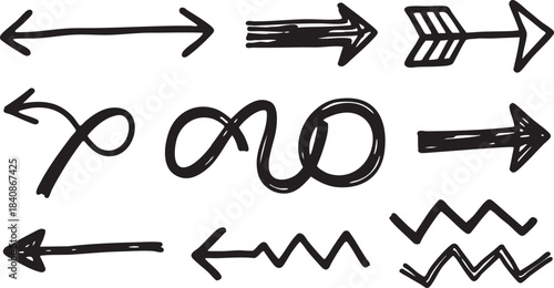 Grunge Hand-Drawn Arrow & Symbol Set: Bold Black Brush Stroke Directional Design Elements 