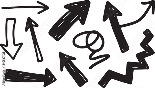 Grunge Hand-Drawn Arrow & Symbol Set: Bold Black Brush Stroke Directional Design Elements 