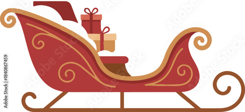 A festive vector illustration of Santa's red sleigh featuring elegant gold scrollwork and a pile of wrapped gifts in the back, designed in a classic flat style.