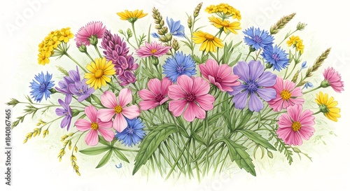 A vibrant bouquet of assorted wildflowers blooms featuring pink purple blue and yellow blossoms amidst lush green foliage