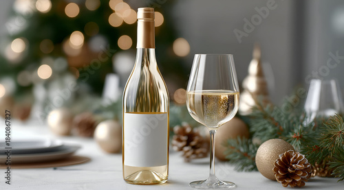 A festive setting with a bottle of white wine and a glass, surrounded by holiday decorations and elegant tableware.