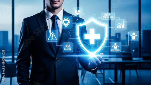 A businessman in a suit presents a glowing holographic shield with a medical cross, surrounded by icons for health insurance, risk alerts, and wellbeing. This image symbolizes comprehensive digital