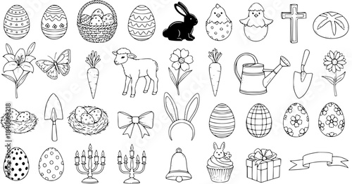 Detailed Easter and Spring hand-drawn doodle outline illustrations set with eggs, bunny, lamb, flowers, garden tools, and religious symbols for holiday designs.