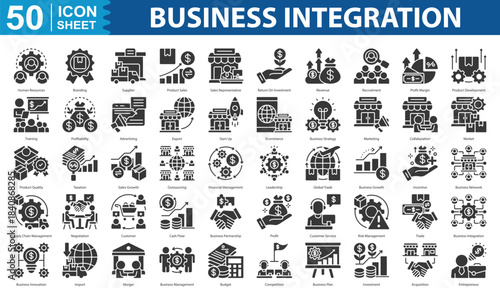 Business Integration glyph icon set collection. human resources, branding, supplier, product sales, sales representative, return on investment and more. illustration eps 10
