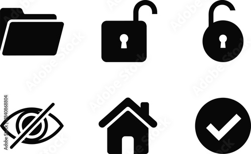 Black security icons set including folders locks privacy and home