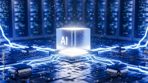 A vibrant 3D render showcasing a luminous AI cube on a complex circuit board, surrounded by dynamic blue light streams and ethereal particles. This imagery powerfully encapsulates advanced