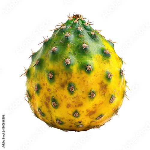 Spiky, yellow-green fruit with brown spots on black