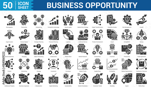 Business Opportunity glyph Icon Set Collection Concept With Icon Of demographic, partnership, outsourcing, competitive advantage, brand loyalty, market entry strategy