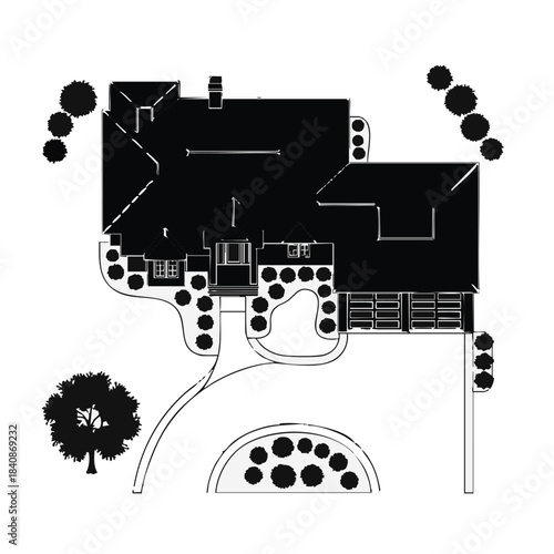 Top view architectural floor plan of a residential house with garden and driveway.