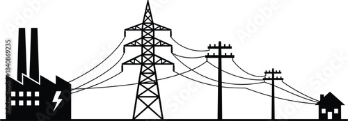 Black silhouette vector graphic illustrating the entire electricity transmission process from power plant to the residential house