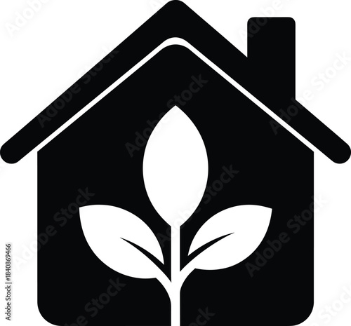 Black silhouette icon of a house with a large plant inside symbolizing eco-friendly home green energy and sustainable living