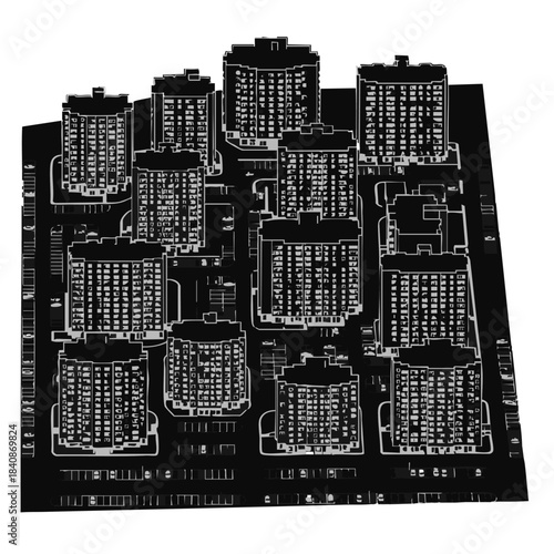 Black and white architectural floor plans of multiple apartment buildings.