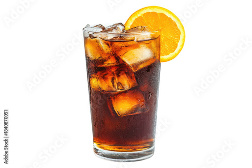 Iced dark drink with orange slice in glass