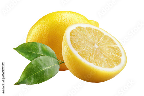 Lemons. Whole & halved, with leaves, on black. Freshness!