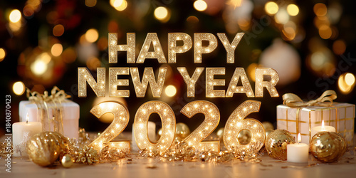 Warm Happy New Year 2026 text with illuminated gold lightbulb numbers, set on a festive table with bokeh background, candles, and golden gifts, expressing luxury and celebration