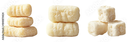 Three stacks of creamy, white, textured, small curd snack