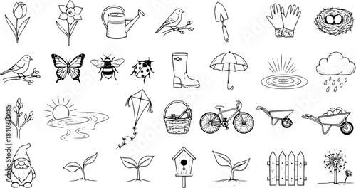 Hand-drawn Spring and Garden Doodle Icons Set. Line Art Collection of Nature, Gardening Tools, Insects, Flowers, and Outdoor Elements. Black and White Vector Illustration.