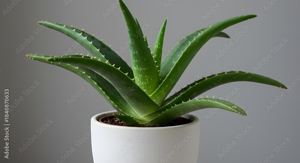 Fototapeta premium An aloe vera plant is in a white pot against a gray background The plant has thick green leaves with small thorns along the edges