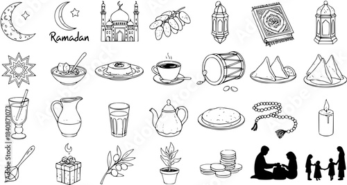 Hand Drawn Ramadan Doodles Set with Islamic Icons and Elements Collection