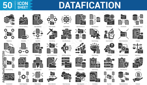 Datafication glyph Icon Set Collection Concept With Icon Of Enrichment, Repository, Metadata, Algorithm, and more. Illustration eps 10
