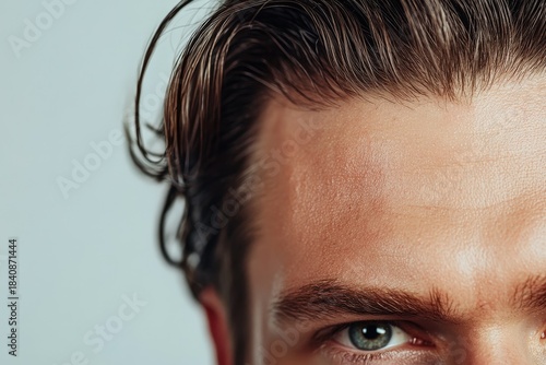 Close-up view of a man's forehead and eyes.
