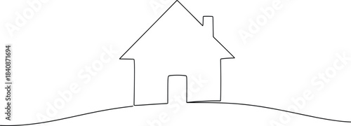 Continuous one line drawing of a small house with a chimney on a gentle hill for minimalist home construction and real estate vector design